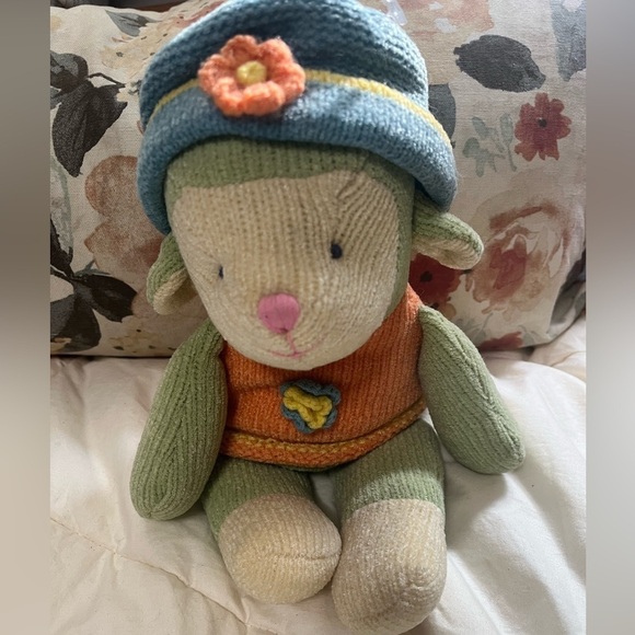 12” Russ Berrie Wootles Knit Lamb Plush in Pastel Sweater & Hat crochet flowers - Picture 1 of 11